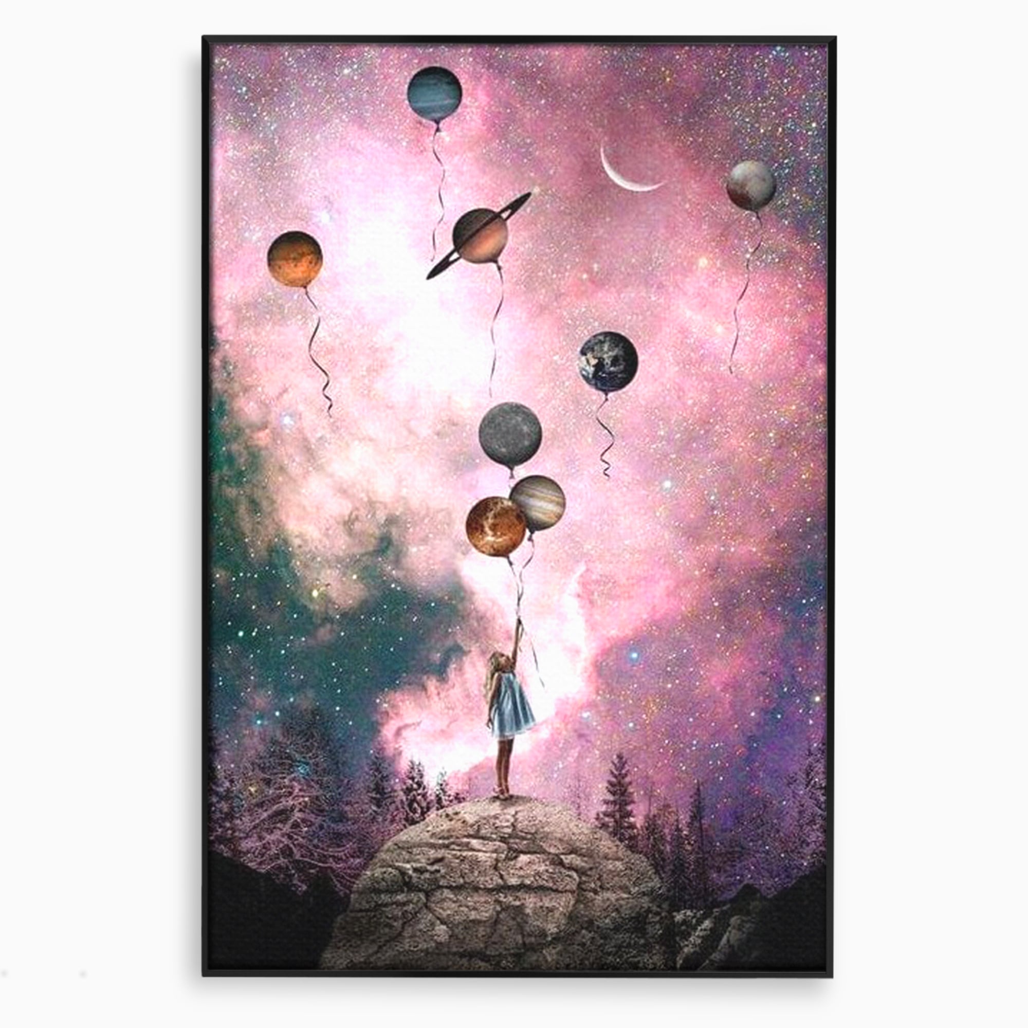 Tablou canvas cu ilustratie fetita tinand baloane planete, in rama de aluminiu negru